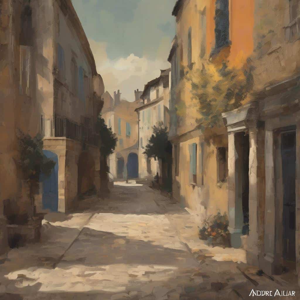 Φωτογραφία από μια γειτονιά με παραδοσιακά κτίρια και πλακόστρωτο δρόμο, μέρος της σύγχρονης τέχνης και δημιουργικών καινοτομιών.