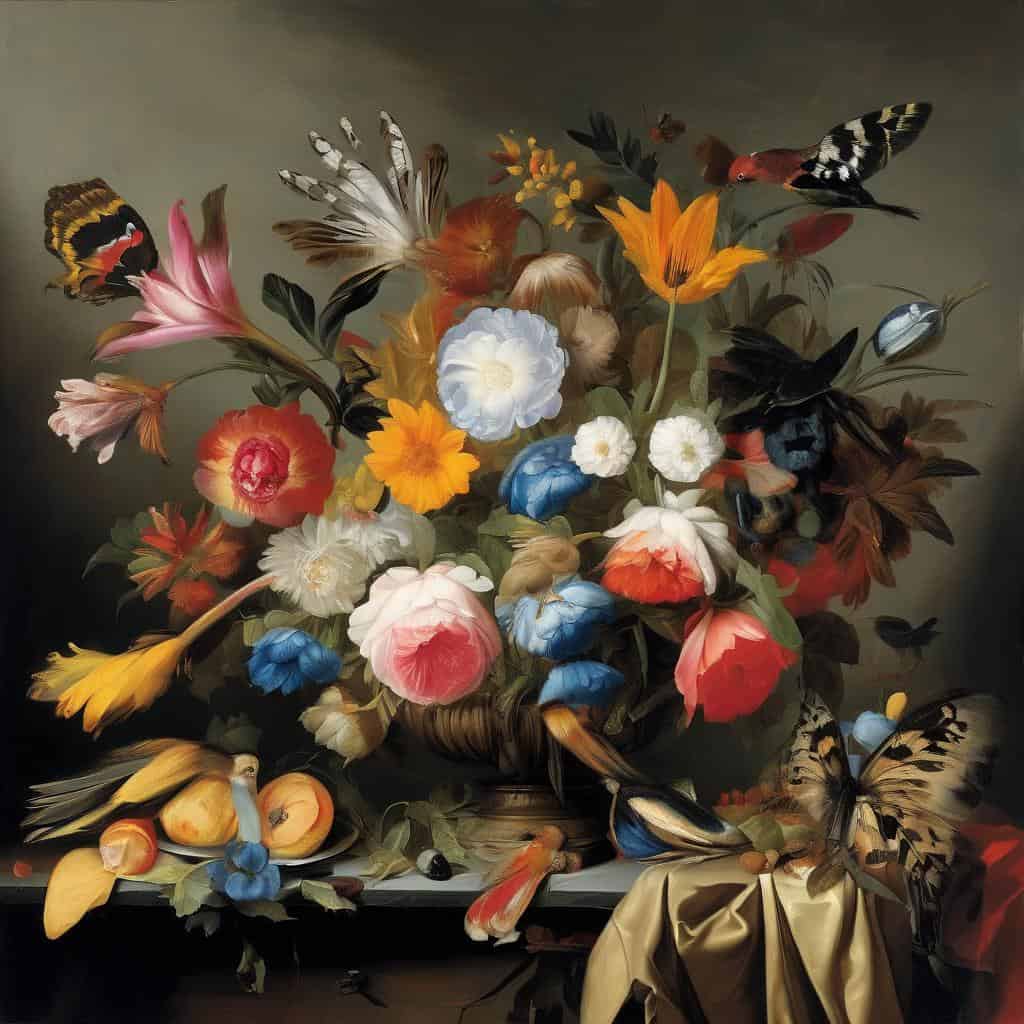 Λουλούδια και πουλιά σε σύγχρονη τέχνη, δημιουργικές καινοτομίες, καλλιτεχνική έκφραση, σύγχρονη τέχνη και πρωτοποριακός σχεδιασμός.